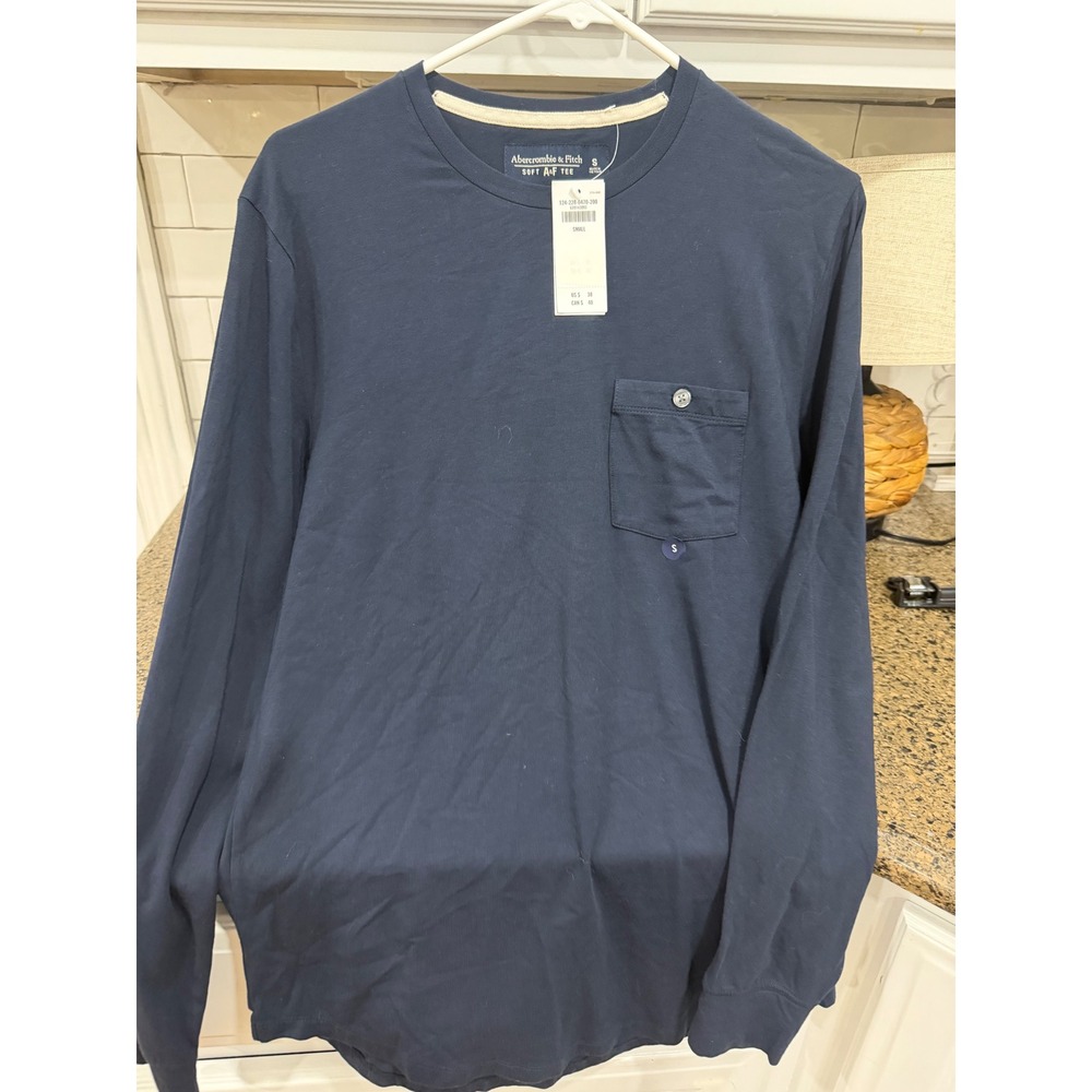 Abercrombie & Fitch Mens Soft A&F Tee Long Sleeve Pocket Crewneck Navy Blue S